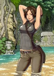 Rule 34 | 1girl, 5tatsu, armpits, arms behind head, bare arms, belt, belt buckle, breasts, brick wall, brown eyes, brown hair, buckle, cowboy shot, gloves, grey pants, grey shirt, highres, jewelry, lara croft, large breasts, long hair, looking at viewer, midriff peek, necklace, outdoors, pants, parted bangs, partially submerged, ponytail, ruins, shirt, shoulder strap, solo, tank top, thick lips, tomb raider, wet, wet clothes, wet hair