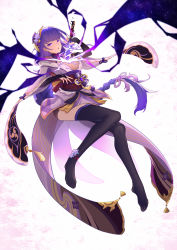 Rule 34 | 1girl, absurdres, anklet, armor, black thighhighs, braid, breasts, chan sang, cleavage, coattails, commentary request, electricity, floral background, floral print, flower, full body, genshin impact, hair ornament, highres, holding, holding sword, holding weapon, human scabbard, japanese clothes, jewelry, kimono, large breasts, long hair, long sleeves, looking at viewer, mitsudomoe (shape), no shoes, obi, obiage, obijime, open mouth, purple eyes, purple flower, purple hair, purple thighhighs, raiden shogun, ribbon, sash, shoulder armor, solo, sword, tassel, thighhighs, tomoe (symbol), weapon, white background, wide sleeves