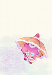 1other androgynous b4c5ce blue_eyes cape chibi chibi_only commentary_request cookie_run cookie_run:_kingdom food fruit full_body fur-trimmed_cape fur_trim holding holding_umbrella official_style other_focus pink_hair rain short_hair solo standing strawberry strawberry_crepe_cookie umbrella white_background yellow_cape yellow_umbrella