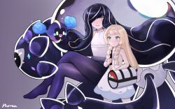 Rule 34 | 2girls, bad id, bad twitter id, bag, bare arms, black hair, blonde hair, blush, braid, breasts, collared dress, commentary, cosmog, creatures (company), crossed legs, dress, eyelashes, game freak, gen 7 pokemon, green eyes, highres, holding strap, legendary pokemon, light blush, lillie (pokemon), long hair, lusamine (pokemon), mother and daughter, multicolored hair, multiple girls, nihilego, nintendo, norza, pantyhose, pokemon, pokemon (creature), pokemon sm, purple legwear, redrawn, revision, signature, sleeveless, sleeveless dress, smile, twin braids, two-tone hair, ultra beast, white bag, yellow eyes