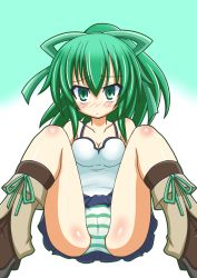 Rule 34 | 1girl, :&lt;, ankle boots, bad id, bad pixiv id, bare shoulders, blush, boots, breasts, brown footwear, camisole, cleavage, collarbone, duel monster, green eyes, green hair, highres, long hair, looking at viewer, matching hair/eyes, panties, ponytail, ribbon, simple background, sitting, solo, spaghetti strap, striped clothes, striped panties, underwear, upskirt, white background, wynn (yu-gi-oh!), wynn the wind charmer, yu-gi-oh!, yu-gi-oh! duel monsters