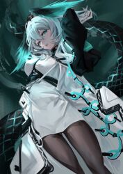 Rule 34 | 1girl, absurdres, anticoco, aqua background, aqua eyes, aqua nails, aqua wings, arknights, between breasts, black pantyhose, breasts, coat, cropped legs, dark background, dress, fangs, feathered wings, fingernails, grey hair, hair between eyes, head wings, highres, ho&#039;olheyak (arknights), infection monitor (arknights), large breasts, long coat, long sleeves, looking at viewer, open clothes, open coat, open mouth, pantyhose, scales, sharp fingernails, short hair, sidelocks, snake tail, solo, strap between breasts, tail, white dress, wings