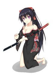 Rule 34 | 1girl, :3, absurdres, bad id, bad pixiv id, bare shoulders, black hair, blush, bow, breasts, cleavage, collarbone, floral print, hair bow, highres, japanese clothes, katana, kimono, kneeling, long hair, looking at viewer, noihara himari, off shoulder, omamori himari, ponytail, purple eyes, scabbard, sheath, sheathed, simple background, smile, solo, sword, tosaka teru, very long hair, weapon, white background