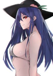 Rule 34 | 1girl, absurdres, bad id, bad pixiv id, bare arms, bare shoulders, bikini, black headwear, blue hair, breasts, chromatic aberration, commentary request, food, from side, fruit, grey bikini, hair between eyes, highres, hinanawi tenshi, leaf, long hair, looking at viewer, medium breasts, migata, peach, red eyes, sidelocks, simple background, smile, solo, stomach, strap gap, swimsuit, touhou, upper body, white background