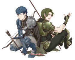Rule 34 | 2boys, armor, armored boots, arrow (projectile), artist name, back-to-back, blue eyes, blue hair, boots, bow (weapon), fingerless gloves, fire emblem, fire emblem echoes: shadows of valentia, forsyth (fire emblem), gloves, green armor, green eyes, green hair, male focus, multiple boys, nintendo, open mouth, polearm, python (fire emblem), simple background, sitting, spear, teeth, weapon, white background