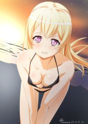 Rule 34 | 10s, 1girl, 2018, absurdres, artist name, bad anatomy, bang dream!, bare arms, bare legs, bare shoulders, bikini, black bikini, blonde hair, blush, breasts, cleavage, dated, downblouse, hands on legs, highres, large breasts, leaning forward, light smile, long hair, looking at viewer, parted lips, purple eyes, sakamata (sakamata4), shirasagi chisato, solo, swimsuit, teeth