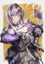 Rule 34 | 1girl, absurdres, ao-chan (ninomae ina&#039;nis), arm under breasts, black dress, black hair, black nails, book, breasts, chest belt, choker, coat, dress, fur-trimmed coat, fur trim, grey hair, grin, hair ornament, highres, holding, holding book, hololive, hololive english, lace, lace choker, large breasts, long hair, looking at viewer, multicolored hair, off shoulder, petcha the o, shiori novella, shiori novella (1st costume), smile, solo, split-color hair, two-tone hair, virtual youtuber, yellow eyes, yorick (shiori novella)