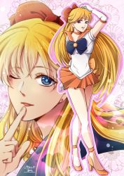 Rule 34 | 1girl, aino minako, anklet, arm up, au (222au), bishoujo senshi sailor moon, blonde hair, blue bow, blue eyes, bow, brooch, choker, dual persona, earrings, elbow gloves, finger to mouth, floral background, full body, gloves, hair bow, half updo, heart, high heels, jewelry, long hair, looking at viewer, magical girl, multiple views, one eye closed, orange skirt, pleated skirt, red bow, ribbon, sailor collar, sailor venus, shoes, skirt, smile, standing, white gloves