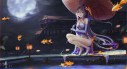 Rule 34 | 1girl, bare shoulders, blue gloves, blurry, blurry background, blurry foreground, breasts, building, center opening, china dress, chinese clothes, choker, closed mouth, cloud, cloudy sky, criss-cross halter, dress, elbow gloves, fish, full moon, gloves, halterneck, high heels, highres, long hair, looking at viewer, medium breasts, moon, night, oil-paper umbrella, original, outdoors, purple hair, red eyes, side slit, sky, solo, squatting, thighlet, umbrella, very long hair, wangchuan de quanyan, watermark