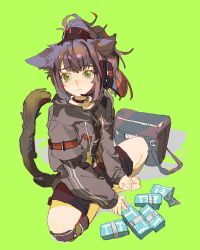 Rule 34 | 1girl, animal ears, arknights, black bag, black collar, black jacket, black shirt, black shorts, blue hair, cat ears, cat girl, cat tail, cloudyooooo, collar, drawstring, green background, green eyes, headset, highres, hood, hood down, hooded jacket, implied extra ears, indian style, jacket, jessica (arknights), knee pads, long sleeves, looking at viewer, lungmen dollar, open clothes, open jacket, ponytail, shirt, shorts, sitting, solo, tail