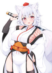 Rule 34 | 1girl, :3, animal ear fluff, animal ears, black bridal gauntlets, black thighhighs, blush, breasts, bridal gauntlets, commentary, cowboy shot, detached sleeves, fang, hair between eyes, hat, holding, holding sword, holding weapon, inubashiri momiji, kourindou tengu costume, large breasts, looking at viewer, medium bangs, no panties, obi, open mouth, orange sash, over shoulder, pelvic curtain, pom pom (clothes), red eyes, red hat, rururiaru, sash, short hair, sideboob, simple background, smile, solo, standing, sword, tail, thighhighs, tokin hat, touhou, weapon, weapon over shoulder, white background, white hair, white sleeves, wide sleeves, wolf ears, wolf girl, wolf tail