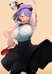Rule 34 | 10s, 1girl, arm up, armpits, bad id, bad twitter id, black nails, black pantyhose, blue eyes, bowl, breasts, chopsticks, covered erect nipples, dagashi kashi, female focus, grin, high-waist skirt, huge breasts, large breasts, looking at viewer, nail polish, nuezou, open mouth, pantyhose, purple hair, rice, rice bowl, see-through, shidare hotaru, short hair, simple background, skirt, smile, solo, suspender skirt, suspenders, wind, wind lift, yellow background