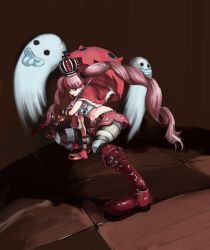 Rule 34 | 1girl, bad id, bad pixiv id, boots, bow, cape, capelet, checkered floor, crown, female focus, fighting stance, floor, ghost, hat, iridori, long hair, long sleeves, looking at viewer, midriff, one piece, pantyhose, parasol, perona, pink hair, red cape, red footwear, red skirt, ribbon, shoes, short cape, skirt, solo, squatting, striped clothes, striped pantyhose, twintails, umbrella