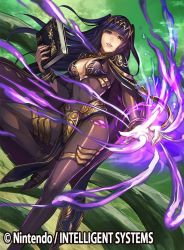 Rule 34 | 1girl, bodysuit, book, bracelet, breasts, cape, cleavage, company name, copyright notice, fire emblem, fire emblem awakening, fire emblem cipher, fujikawa arika, jewelry, large breasts, long hair, looking at viewer, magic, nintendo, purple eyes, purple hair, sandals, solo, tharja (fire emblem), thigh strap, tiara, two side up