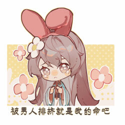 Rule 34 | 1girl, :&lt;, animal ear hairband, animal ears, blue sleeves, blush, blush stickers, brown eyes, brown hair, character request, chibi, chinese clothes, chinese commentary, chinese text, closed mouth, code: kite, commentary request, eyelashes, fake animal ears, floppy ears, flower, frown, hair flower, hair ornament, hairband, hanfu, highres, layered sleeves, long hair, long sleeves, looking at viewer, neck ribbon, niukou kouzi, nose blush, pink flower, pink hairband, polka dot, polka dot background, rabbit ear hairband, rabbit ears, red ribbon, ribbon, simple background, solo, sparkling eyes, tearing up, translation request, two-tone background, upper body, white background, white flower, wide sleeves, yellow background