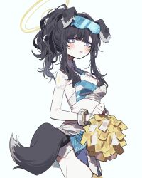 Rule 34 | 1girl, 3j dangan, animal ears, black hair, blue archive, blue eyes, blush, breasts, cheerleader, criss-cross halter, crop top, detached collar, dog ears, dog tail, from behind, halo, halterneck, hibiki (blue archive), hibiki (cheer squad) (blue archive), highres, holding, holding pom poms, long hair, looking back, medium breasts, millennium cheerleader outfit (blue archive), miniskirt, panties, parted lips, pleated skirt, pom pom (cheerleading), pom poms, ponytail, sidelocks, simple background, skirt, solo, star sticker, tail, underwear, white background, white panties, yellow halo