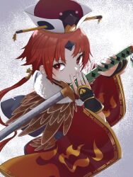 Rule 34 | 1girl, benienma (fate), fate/grand order, fate (series), feather trim, hat, highres, holding, holding sword, holding weapon, katana, long hair, low ponytail, niwaikanai, red eyes, red hair, sword, weapon, wide sleeves
