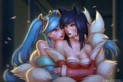 Rule 34 | 2girls, ahri (league of legends), animal ears, aqua hair, artist name, bare shoulders, black hair, blue dress, blue eyes, blue hair, blush, breast hold, breasts, cheek-to-cheek, cleavage, collarbone, colorized, couple, detached sleeves, dress, eye contact, facial mark, female focus, feversea, fox ears, fox tail, hair ornament, heads together, highres, large breasts, league of legends, light blue hair, lips, lipstick, long hair, looking at another, looking back, makeup, multiple girls, multiple tails, nail polish, neck, off-shoulder dress, off shoulder, one eye closed, parted lips, patreon username, petals, polkin, red detached sleeves, red dress, red lips, red nails, smile, sona (league of legends), strapless, strapless dress, tail, tumblr username, twintails, upper body, watermark, web address, whisker markings, wink, yellow eyes, yuri