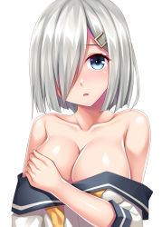 Rule 34 | 1girl, absurdres, black sailor collar, blue eyes, breasts, cleavage, collarbone, hair ornament, hair over one eye, hairclip, hamakaze (kancolle), highres, kantai collection, large breasts, neckerchief, no gloves, parted lips, ruin re birth, sailor collar, school uniform, serafuku, short hair, silver hair, simple background, solo, undone neckerchief, upper body, white background, yellow neckwear