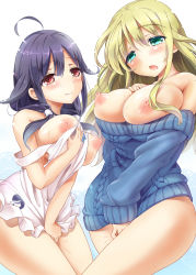 Rule 34 | 10s, 2girls, ahoge, apron, apron pull, aqua eyes, aran sweater, atago (kancolle), bare shoulders, blonde hair, blush, breasts, cable knit, clothes pull, collarbone, covering privates, covering crotch, cowboy shot, hair flaps, himeno komomo, kantai collection, large breasts, long hair, low twintails, multiple girls, naked apron, naked sweater, nipples, no headwear, open mouth, purple hair, red eyes, sweat, sweater, sweater pull, taigei (kancolle), tears, twintails