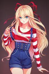 Rule 34 | 1girl, artist name, blonde hair, blouse, blue eyes, blush, borrowed character, brown background, collarbone, cowboy shot, denim, eyebrows, hair ornament, hair ribbon, long hair, long sleeves, looking at viewer, multicolored shirt, omocha-san, original, red ribbon, red shirt, ribbon, shirt, simple background, smile, solo, standing, striped clothes, striped shirt, suspenders, suspenders pull, very long hair, watermark, web address, white shirt