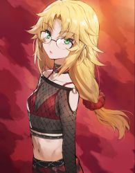 Rule 34 | 1girl, alternate costume, alternate hairstyle, black collar, blonde hair, collar, collarbone, fate/apocrypha, fate/grand order, fate (series), fishnet top, fishnets, glasses, green eyes, highres, long hair, looking at viewer, mordred (fate), mordred (fate/apocrypha), navel, parted bangs, ponytail, red background, red scrunchie, scrunchie, simple background, solo, tonee, upper body