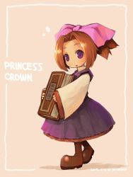 Rule 34 | 00s, 1girl, 2007, atlus, book, boots, bow, brown hair, copyright name, dated, hair bow, pink bow, princess crown, purple eyes, sepia background, shigatake, solo