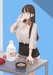Rule 34 | 1girl, big sister (navigavi), black shorts, bottle, breasts, brown eyes, brown hair, cleavage, collarbone, commentary, cookie, cup, drinking, food, glass, hand up, high-waist shorts, highres, holding, holding cup, jewelry, jun (navigavi), large breasts, long hair, long sleeves, milk, milk bottle, original, package, shirt, shirt tucked in, shorts, sitting, solo, white shirt