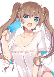 Rule 34 | 1girl, blue eyes, breasts, brown hair, cleavage, clothes writing, fang, food, koga rejini, off shoulder, open mouth, original, popsicle, shirt, simple background, solo, t-shirt, twintails