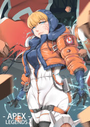 Rule 34 | 1girl, absurdres, animification, apex legends, arms at sides, backpack, bag, blonde hair, blue eyes, blue gloves, blunt bangs, bodysuit, breasts, closed mouth, commentary request, copyright name, cowboy shot, cropped jacket, drawstring, electricity, electrokinesis, gloves, highres, hood, hooded bodysuit, jacket, lichtenberg figure, lips, logo, long sleeves, looking at viewer, nose, open clothes, open jacket, orange jacket, rubble, short hair, smile, solo, standing, thigh strap, unzipped, wattson (apex legends), zipper, zuoteng lucha