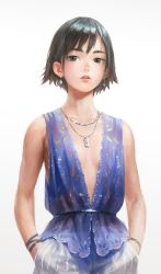 Rule 34 | 1girl, bare shoulders, black eyes, black hair, bob cut, earrings, eyebrows, hands in pocket, hands in pockets, highres, jewelry, looking at viewer, nababa, necklace, no bra, original, short hair, simple background, solo, standing, white background