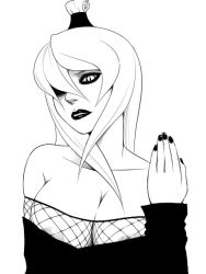 Rule 34 | 1girl, areola slip, bare shoulders, breasts, cleavage, diisuke, greyscale, hair over one eye, large breasts, lipstick, looking at viewer, makeup, monochrome, nail polish, naruto (series), naruto shippuuden, nipple slip, nipples, solo, terumi mei, upper body