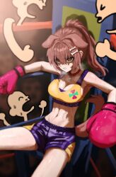 Rule 34 | 1girl, absurdres, alternate costume, angry, animal ears, blurry, blurry background, boxing gloves, boxing ring, breasts, brown eyes, brown hair, character name, eyes visible through hair, failose, highres, hololive, inugami korone, medium breasts, serious, shorts, sitting, sweat, tail, virtual youtuber