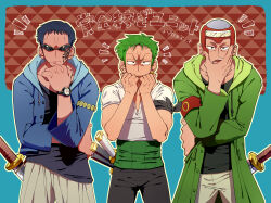 Rule 34 | 3boys, bald, black hair, closed mouth, earrings, green hair, hand in mouth, highres, jewelry, johnny (one piece), looking at viewer, male focus, multiple boys, one piece, parupurin, roronoa zoro, short hair, watch, wristwatch, yosaku (one piece)