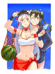 Rule 34 | 2019, 2girls, alternate costume, anchor, armband, bare shoulders, bikini, bikini under clothes, blue jacket, blue shorts, blue sky, blush, breasts, brown eyes, choker, cleavage, collarbone, commentary, cropped legs, day, dessert, flower, food, fruit, green eyes, green hair, grey hair, grin, hair between eyes, hair flower, hair ornament, hair ribbon, hand on own hip, headband, hood, hooded jacket, jacket, jewelry, kantai collection, long hair, looking at viewer, midriff, multiple girls, navel, net, one eye closed, outdoors, popsicle, red headband, ribbon, ring, sarong, shorts, shoukaku (kancolle), sky, smile, swimsuit, swimsuit under clothes, teeth, twintails, watermelon, wedding band, weidashming, white bikini, white hair, white ribbon, wings, zuikaku (kancolle)