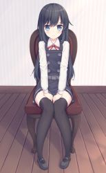 Rule 34 | 10s, 1girl, asashio (kancolle), belt, black hair, black thighhighs, blue eyes, blush, buttons, chair, collared shirt, dress, full body, hands on thighs, indoors, kantai collection, kawami nami, knees together feet apart, long hair, long sleeves, looking at viewer, mary janes, neck ribbon, pinafore dress, red ribbon, ribbon, school uniform, shirt, shoes, sitting, sleeveless, sleeveless dress, smile, solo, suspenders, thighhighs, white shirt, wooden floor, zettai ryouiki