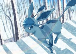 Rule 34 | absurdres, bare tree, blue eyes, closed mouth, commentary request, creatures (company), day, forest, from side, game freak, gen 4 pokemon, glaceon, hatoro kuroyoshi, highres, nature, nintendo, no humans, outdoors, pokemon, pokemon (creature), running, smile, snow, solo, standing, tree
