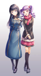Rule 34 | 2girls, :d, ascot, bang dream!, black footwear, black hair, black neckwear, black socks, blue bow, blue dress, bow, bowtie, dress, earmuffs, frilled skirt, frilled sleeves, frills, full body, fur-trimmed sleeves, fur trim, gradient background, grey background, hair bow, hand on own chest, kneehighs, loafers, long hair, long sleeves, looking at another, lunacle, multiple girls, open mouth, pink scarf, pink skirt, purple eyes, purple hair, red bow, red eyes, scarf, shirokane rinko, shoes, skirt, smile, socks, twintails, udagawa ako, walking, white neckwear