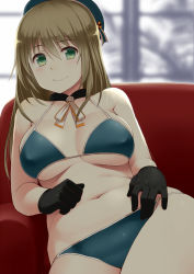 Rule 34 | 10s, 1girl, atago (kancolle), beret, bikini, black gloves, blue bikini, blush, breasts, brown hair, cleavage, closed mouth, couch, curvy, female focus, gloves, green eyes, hat, highres, kamata yuuya, kantai collection, large breasts, long hair, looking at viewer, navel, on couch, plump, sitting, smile, solo, swimsuit, thick thighs, thighs, wide hips