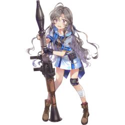 Rule 34 | 1girl, ahoge, aqua hood, artist request, black gloves, black pouch, blue sailor collar, blue sleeve cuffs, blush, buttoned cuffs, buttons, collarbone, crying, final gear, fingerless gloves, full body, gloves, grey hair, hair intakes, highres, holding, holding rocket launcher, holding weapon, horizontal-striped sleeve cuffs, knee pads, leg wrap, legs apart, logo print, long hair, long sidelocks, looking at viewer, official art, open mouth, pleated skirt, pouch, purple eyes, rocket launcher, sailor collar, shirt, short sleeves, sidelocks, simple background, single knee pad, skirt, solo, standing, tachi-e, tears, third-party source, transparent background, very long hair, wavy hair, weapon, white shirt, white skirt, white sleeves, yellow tassel, zoi (final gear)