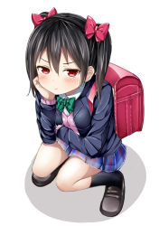 Rule 34 | 10s, 1girl, backpack, bag, black hair, black socks, blazer, blush, bow, full body, hair bow, hand on own cheek, hand on own face, jacket, loafers, long sleeves, looking at viewer, love live!, love live! school idol project, morerin, pleated skirt, randoseru, red eyes, school uniform, shadow, shoes, skirt, socks, solo, squatting, twintails, white background, yazawa nico