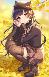 Rule 34 | 1girl, autumn, beret, black hair, black hat, black shirt, blush, breasts, brown eyes, brown skirt, brown thighhighs, buttoned cuffs, buttons, earrings, ginkgo leaf, gomashio ponz, hat, heart, heart earrings, high heels, highres, idolmaster, idolmaster shiny colors, jewelry, leaf, long hair, long sleeves, looking at viewer, mayuzumi fuyuko, medium breasts, shirt, sitting, skirt, solo, squatting, thighhighs, thighs