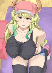 Rule 34 | 1girl, :d, bad id, bad pixiv id, bare shoulders, baseball cap, black eyes, black tank top, black thighhighs, blue shorts, blush, breast hold, breasts, cafekun, cleavage, cum, cum on body, cum on breasts, cum on upper body, denim, denim shorts, dragon girl, dragon horns, ejaculation, from above, green eyes, green hair, hat, heterochromia, highres, horns, huge breasts, kneeling, kobayashi-san chi no maidragon, long hair, looking at viewer, lucoa (maidragon), multicolored eyes, multicolored hair, open mouth, paizuri, paizuri under clothes, penis, pink footwear, pink hat, short shorts, shorts, slit pupils, small penis, smile, solo focus, tank top, thighhighs, wavy hair, yellow pupils