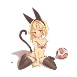 Rule 34 | 1girl, animal ears, ball, bare shoulders, black thighhighs, blonde hair, blunt bangs, bra, breasts, cat ears, cat tail, cleavage, expressionless, fake animal ears, highres, jpeg artifacts, kinjo kuromomo, lingerie, looking at viewer, midriff, multicolored clothes, navel, nichijou, no shoes, red eyes, ribbon, sekiguchi yuria, short hair, simple background, sitting, small breasts, solo, strap slip, tail, thighhighs, underwear, wariza, white background