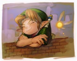 Rule 34 | 1boy, aoki (fumomo), blonde hair, border, closed eyes, closed mouth, crossed arms, green headwear, green shirt, happy, link, male focus, navi, nintendo, outdoors, parted bangs, pointy ears, shirt, short hair, short sleeves, smile, stone wall, sword, the legend of zelda, the legend of zelda: ocarina of time, wall, weapon, weapon on back, white border, young link