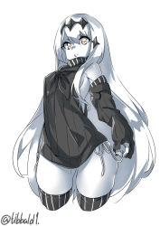 Rule 34 | 10s, 1girl, abyssal ship, aircraft carrier water oni, bad id, bad twitter id, black sweater, breasts, colored skin, covered erect nipples, cowboy shot, cropped legs, detached sleeves, ebifurya, hair between eyes, hair ornament, highres, inactive account, kantai collection, long hair, looking at viewer, medium breasts, neckerchief, no bra, open mouth, orange eyes, sideboob, sidelocks, simple background, sleeves past wrists, solo, striped clothes, striped thighhighs, sweater, sweater vest, thighhighs, very long hair, white background, white skin, zettai ryouiki