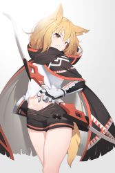 Rule 34 | 1girl, animal ears, arknights, black shorts, blonde hair, blouse, bluerabbit gap, bow (weapon), brown eyes, cape, commentary, cowboy shot, crop top, fox ears, fox tail, grey background, head tilt, holding, holding bow (weapon), holding weapon, looking at viewer, midriff, navel, notched ear, shirt, short hair, short shorts, shorts, solo, standing, tail, thighs, vermeil (arknights), weapon, white shirt