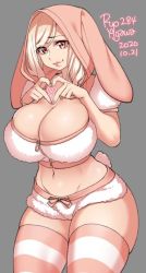 Rule 34 | 1girl, 2020, agawa ryou, animal hood, belly, blonde hair, breasts, cleavage, commentary, dated, english commentary, grey background, heart, heart hands, hood, large breasts, lips, long hair, looking at viewer, midriff, navel, orange eyes, original, pink thighhighs, rabbit hood, signature, simple background, solo, striped clothes, striped thighhighs, thick thighs, thighhighs, thighs, white thighhighs