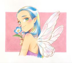 Rule 34 | 1girl, bare shoulders, blue hair, blush, chihiro howe, closed mouth, commentary request, fairy, fairy wings, flower, forget-me-not (flower), from behind, green eyes, highres, holding, holding flower, long hair, looking at viewer, looking back, marker (medium), original, pink background, simple background, smile, solo, traditional media, upper body, watermark, wings
