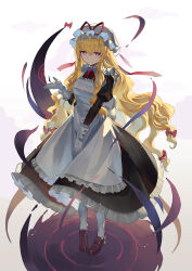 Rule 34 | 1girl, alternate costume, apron, black dress, blonde hair, bow, breasts, brown footwear, buttons, closed mouth, collared dress, commentary request, dress, enmaided, falken (yutozin), floating hair, frilled apron, frilled dress, frilled sleeves, frills, full body, gap (touhou), gathers, gloves, hair between eyes, hair bow, hand up, hat, hat ribbon, highres, juliet sleeves, light blush, light smile, loafers, long dress, long hair, long sleeves, looking at viewer, low-tied long hair, maid, maid apron, medium breasts, mob cap, neck ribbon, outstretched arm, pantyhose, puffy sleeves, purple eyes, red bow, red ribbon, ribbon, ripples, sash, shoes, sidelocks, sleeve cuffs, solo, standing, touhou, very long hair, white apron, white background, white bow, white gloves, white hat, white pantyhose, white sash, wing collar, yakumo yukari